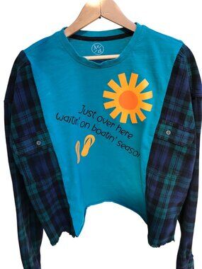 Upcycled Cropped Flannel Tee, Oversized Teal Boating Season Graphic, Size M-L